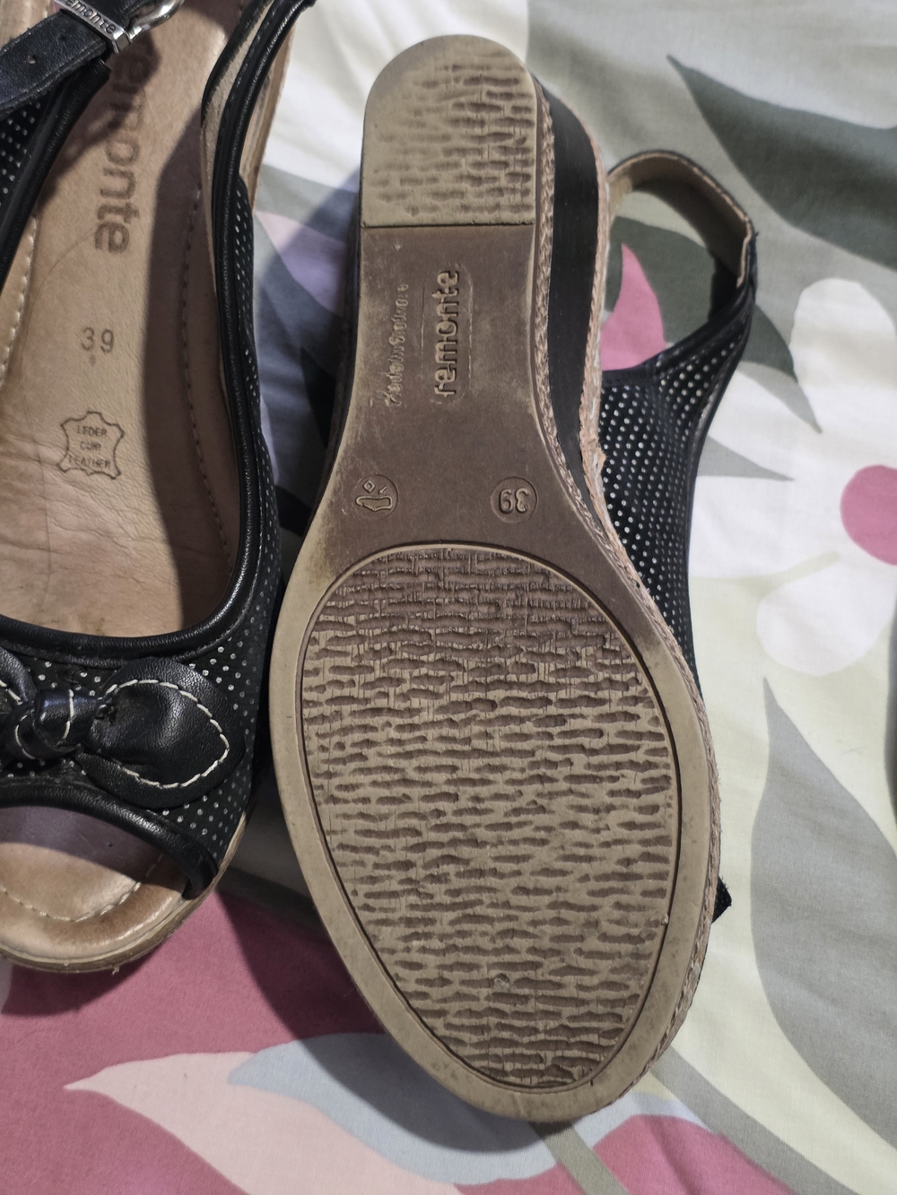 Remonte Black Slingback Wedge Sandals & Multicolor Floral Block Heel, Size 39 - Picture 6 of 8